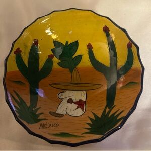 Hand painted signed talavera Mexican Art 3 legged salsa dish - Yellow and Green